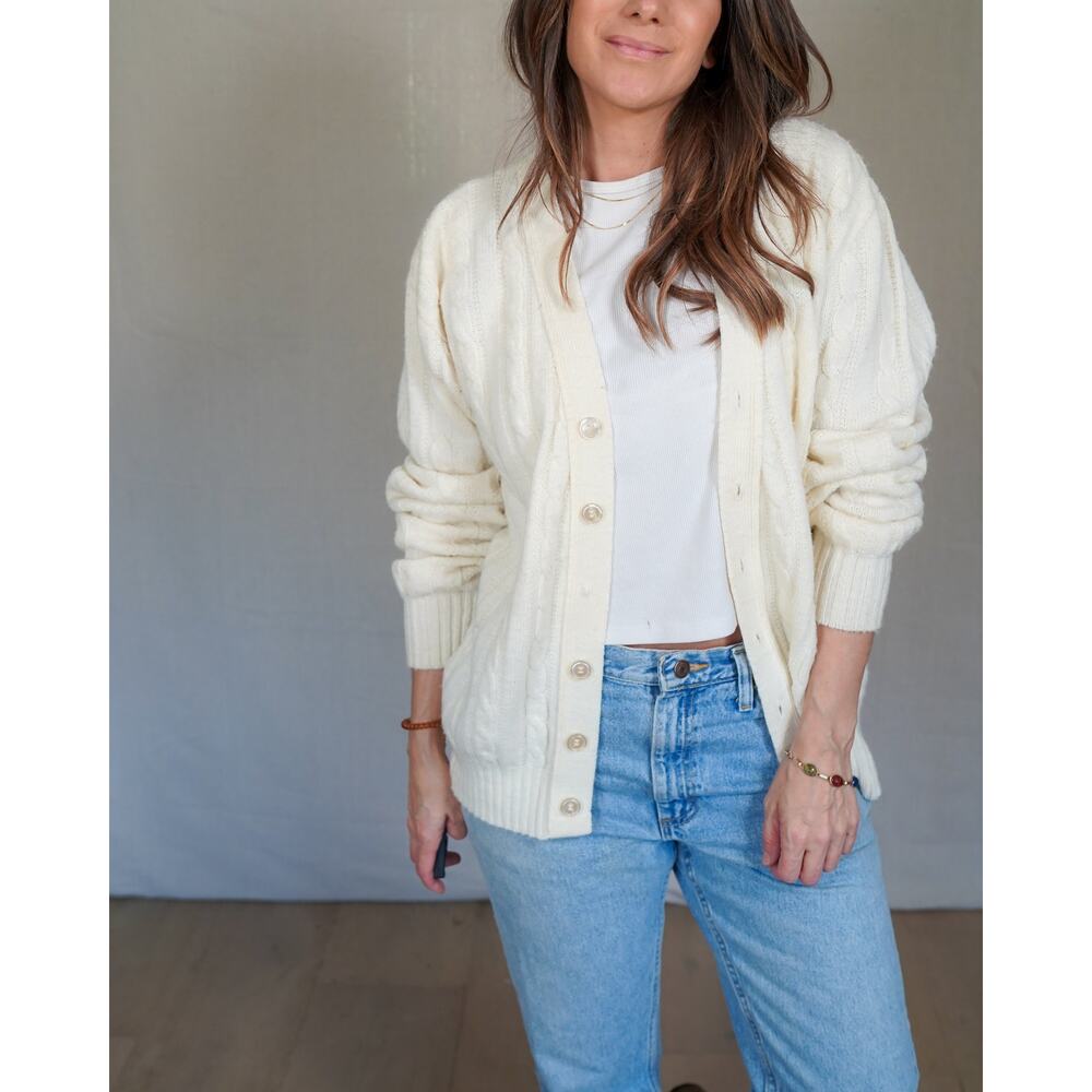 Vintage Cable Knit Cardigan – Cream Fisherman Wool, Slouchy Fit (Jantzen)